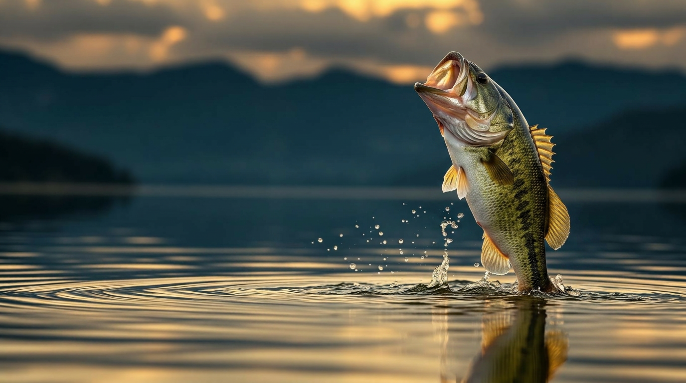Largemouth bass leaping out of a SoCal lake at sunrise